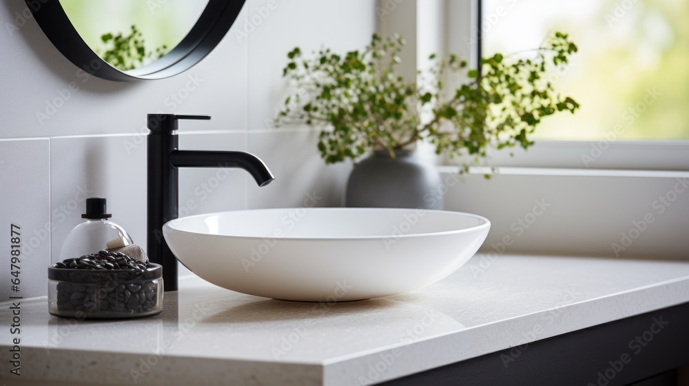 Modern counter in bathroom Light-colored bathroom interior with ...