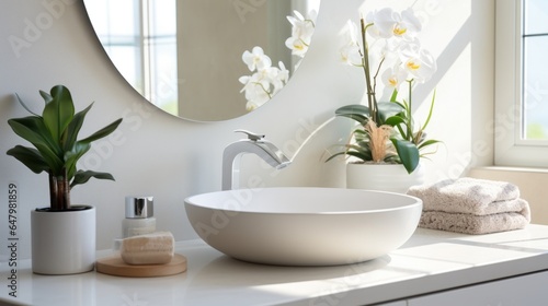 Modern counter in bathroom Light-colored bathroom interior with bathroom accessories, sink.