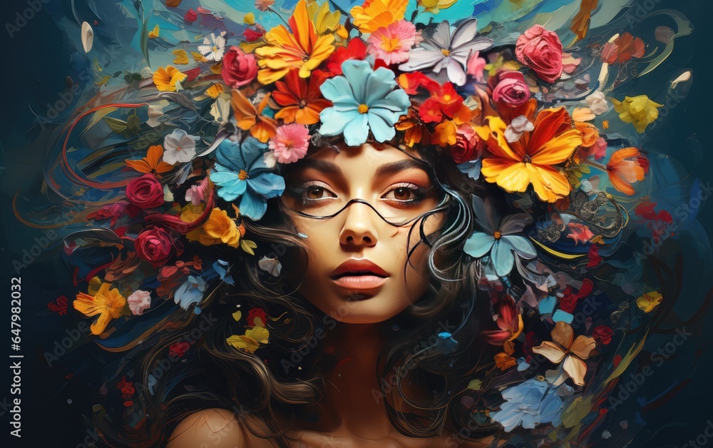  abstract woman portrait with flowers over head