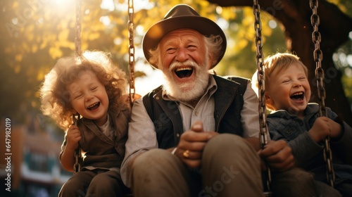 Old man laughing with his grandchildren On the swing in the daylight of the park's