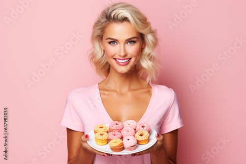Beautiful young woman holding a plate of fruit