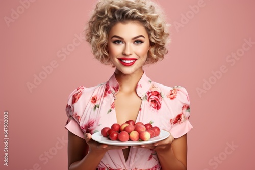 Beautiful young woman holding a plate of fruit