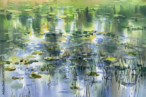 Water grass with reflections on a pond watercolor background