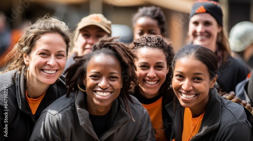 Photograph of smiling women, a group of various happy women doing construction work on a construction site.