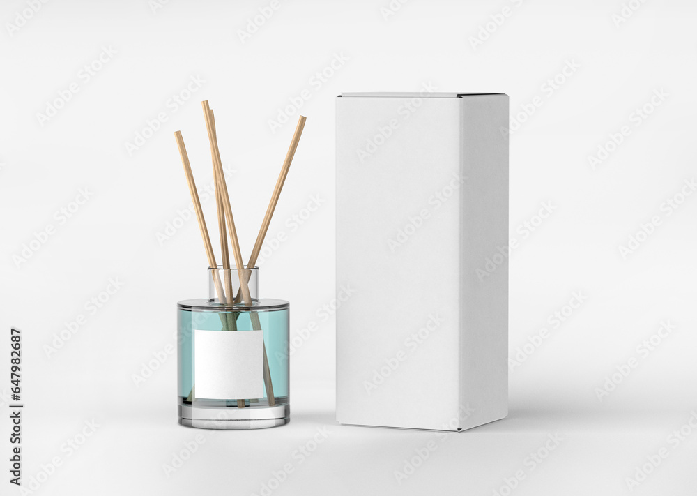 white plain empty blank vertical paper packaging box with a glass bottle of reed diffuser on isolated background - obrazy, fototapety, plakaty 