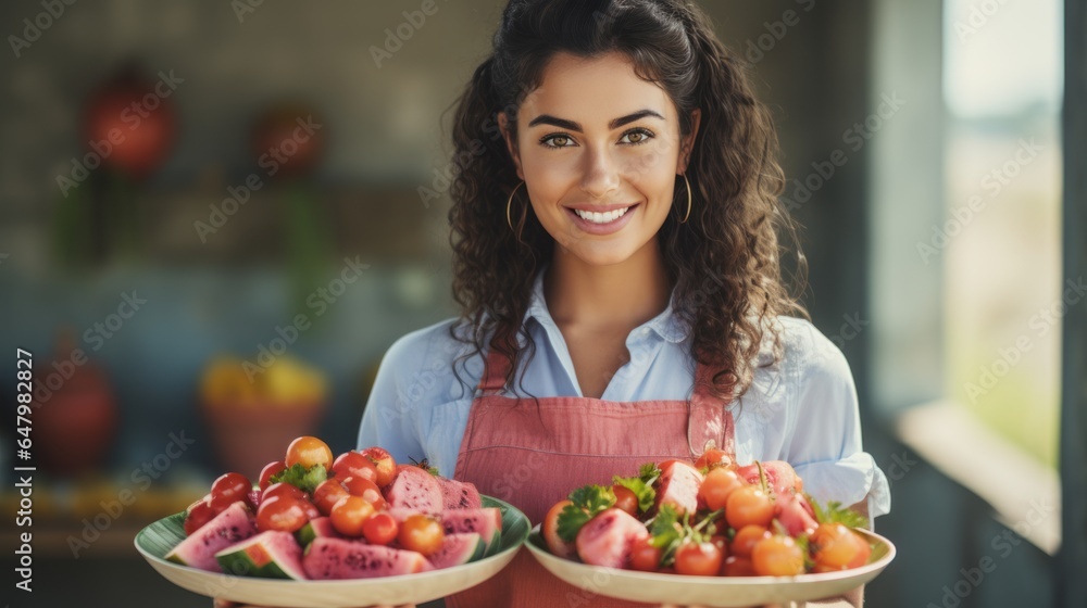 Photo of the young female farmer with a wicker basket full of vegetables On a light blue background with space for text.