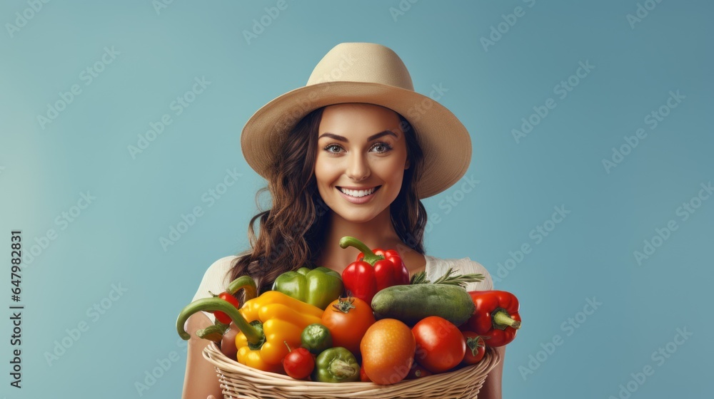 Photo of the young female farmer with a wicker basket full of vegetables On a light blue background with space for text. Photo of the young female farmer with a wicker basket full of vegetables On a light blue background with space for text.