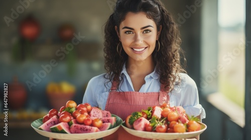 Photo of the young female farmer with a wicker basket full of vegetables On a light blue background with space for text.