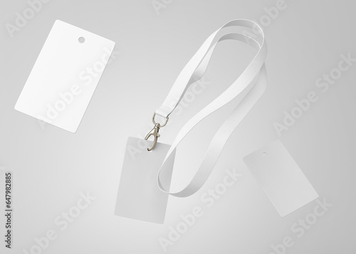 Konstfotografi white plain empty blank floating vertical employee ID card holders with lanyard