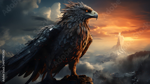 Black angry eagle on top of mountain on background of clouds