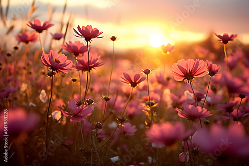 Golden Hour Serenity: Meadow Sunset with Close-Up Flowers