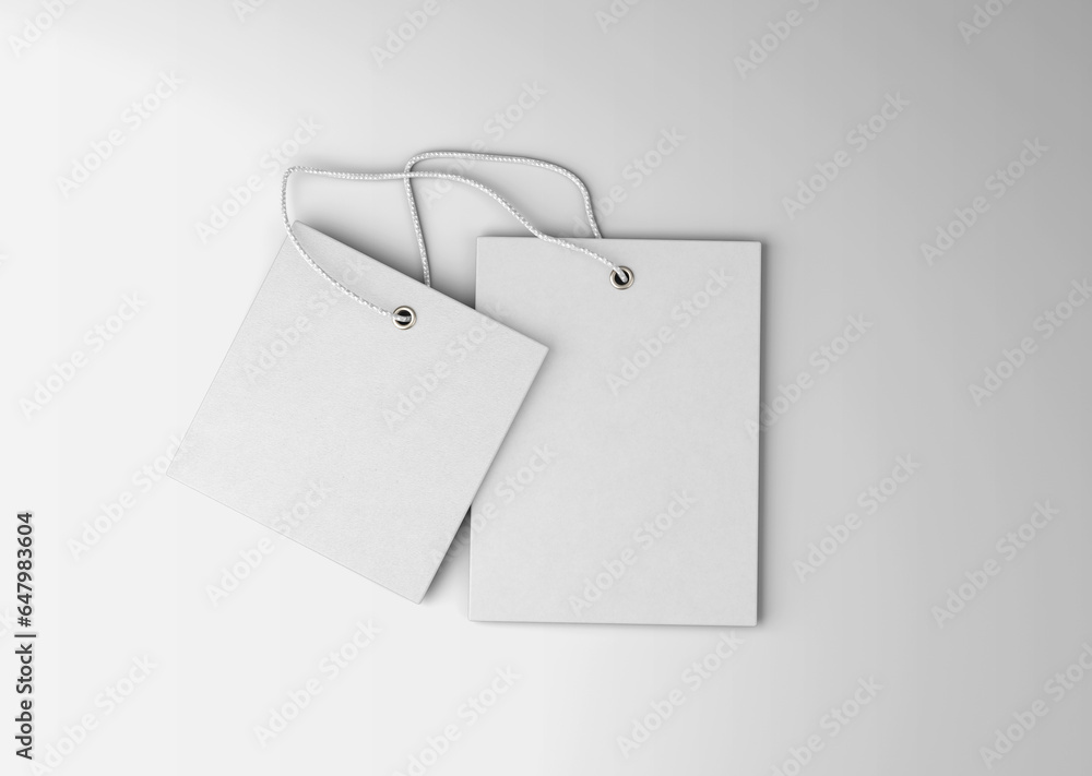 white plain empty blank two square and vertical rectangular hanging label price tag with string on isolated background white plain empty blank two square and vertical rectangular hanging label price tag with string on isolated background