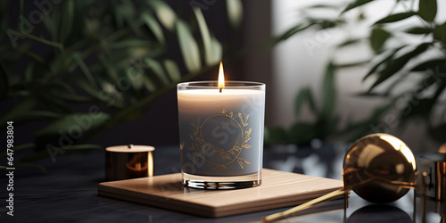 mockup packaging vela de lujo, vela con olor a jacinto, sesión aromaterpia en el spa, elegante vela decoración minimalista orgánica 
