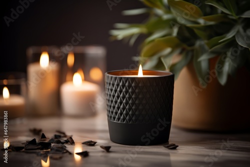 mockup packaging vela negra de lujo, vela de cerámica negra y oro, vela encendida en un spa, sesión de masajes con aromaterapia  photo