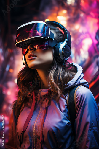 a girl wearing a VR headset on her eyes moving inside a virtual world, neon bright colorfull