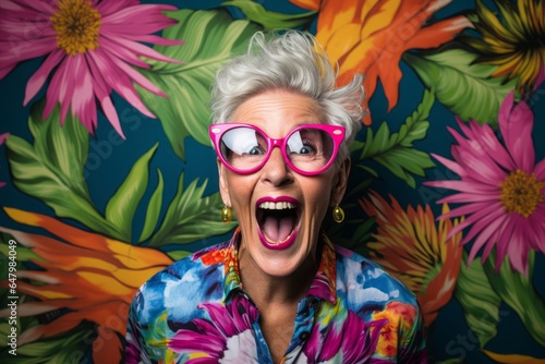 Portrait of a happy senior woman wearing sunglasses on colorful floral background