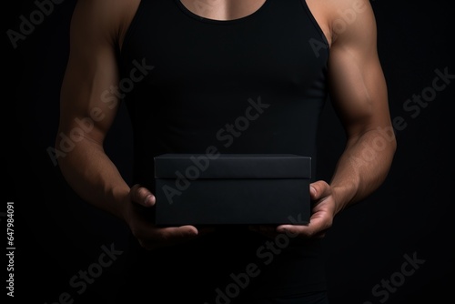 Mockup packaging de delivery fondo negro, branding mensajero musculoso caja en negra insertar texto, hombre transportando caja de cartón pequeña, empresa de comida a domicilio, Comida fitness  photo
