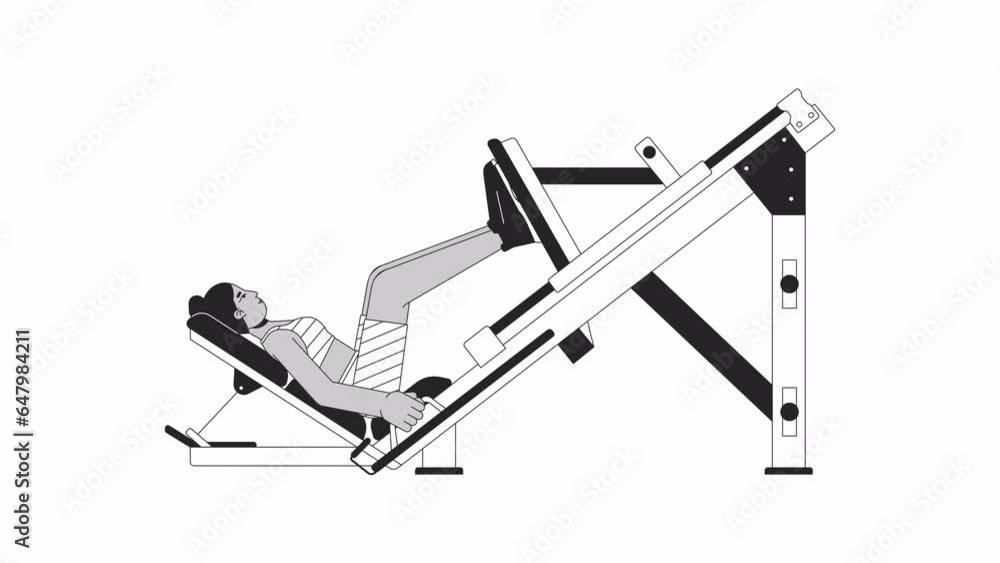 Woman bending knees on leg press machine bw outline cartoon animation