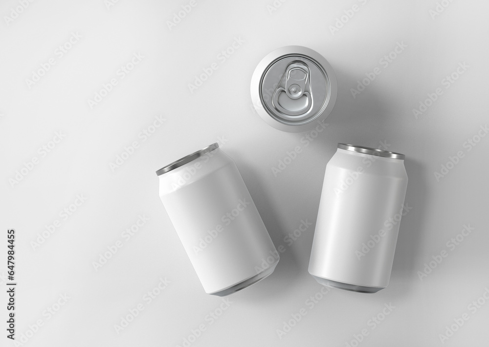 white plain empty blank aerial top view of three beverage soft drink matt aluminium tin can packaging branding white plain empty blank aerial top view of three beverage soft drink matt aluminium tin can packaging branding