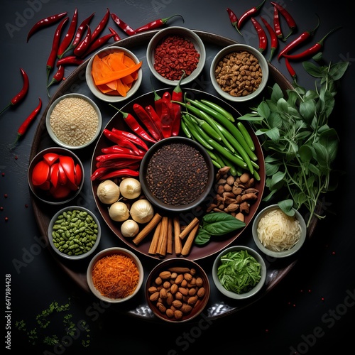 Close-up Asian food ingredients arrangement On a dark background. Spices and herbs