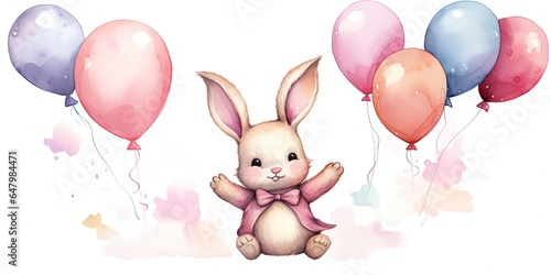 watercolor style illustration of cute baby rabbit with balloons, generative Ai © QuietWord