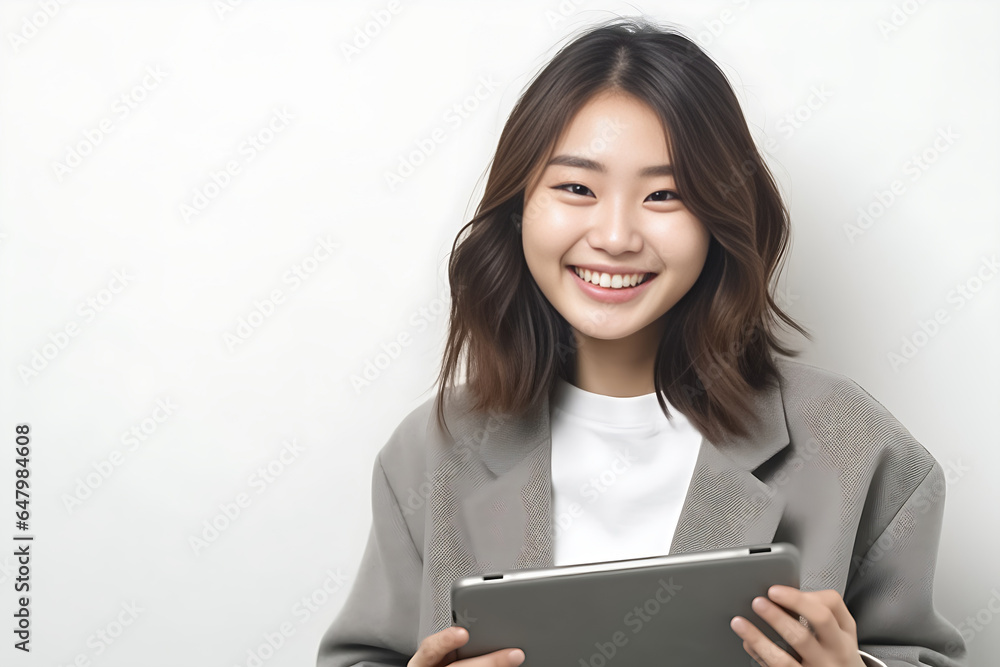 a vibrant young Asian woman is depicted, radiating positivity as she holds a digital tablet in her hands. Her smile is warm and inviting, reflecting her enthusiasm and confidence. Generative AI. a vibrant young Asian woman is depicted, radiating positivity as she holds a digital tablet in her hands. Her smile is warm and inviting, reflecting her enthusiasm and confidence. Generative AI.