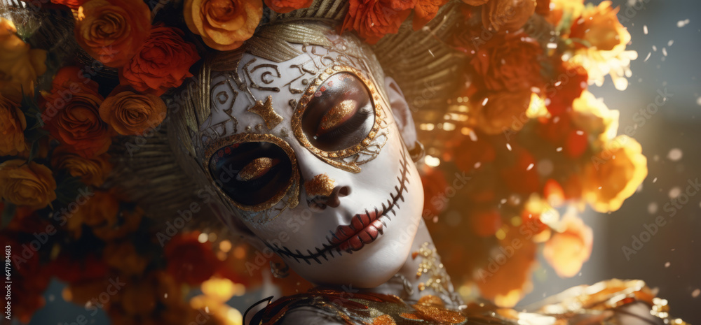 decor of the day of the dead with flower and candle, low andgle, banner design, pure background.generative ai