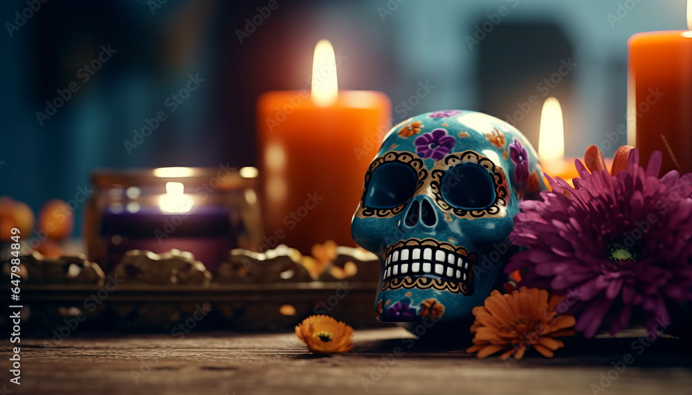 decor of the day of the dead with flower and candle, low andgle, banner design, pure background.generative ai - obrazy, fototapety, plakaty 