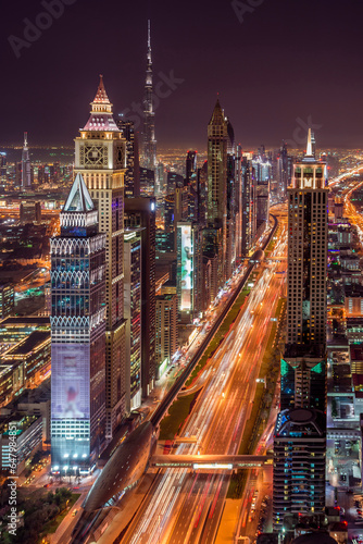 This view looks southbound, past the Dubai International Finance Centre and Burj Khalifa towards the Burj Al Arab and Dubai Marina.