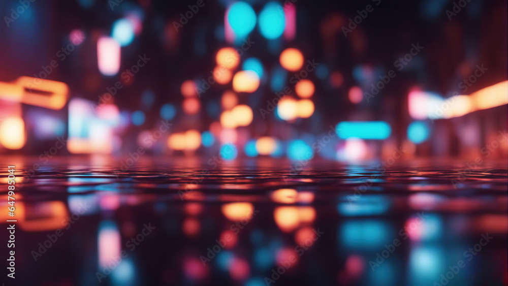 Blurred neon lights background. Neon city lights in bokeh style. Futuristic backdrop.