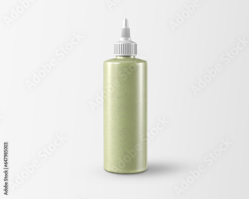 white plain empty blank label clear frosted transparent squeeze green sauce plastic bottle on isolated background