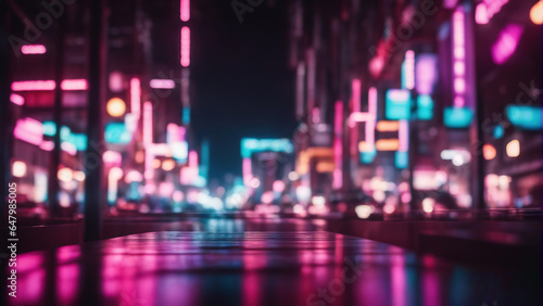 Blurred neon lights background. Neon city lights in bokeh style. Futuristic backdrop.