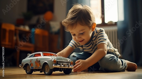 Young kid playing with his toy car on the floor of a cozy warm living room