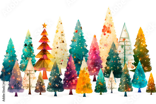 illustration of different decorated xmas trees with lights and stars and balls standing in a row on white background, concept of christmas trees