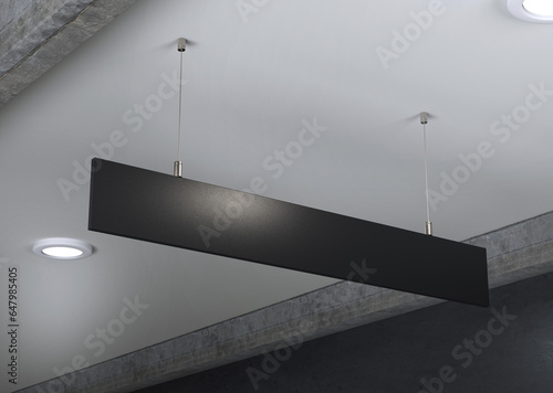 Fotografia blank plain black hanging direction sign hanged with steel wires