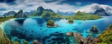 beautiful aerial view of blue water ocean lagoon with coral reef , generative Ai