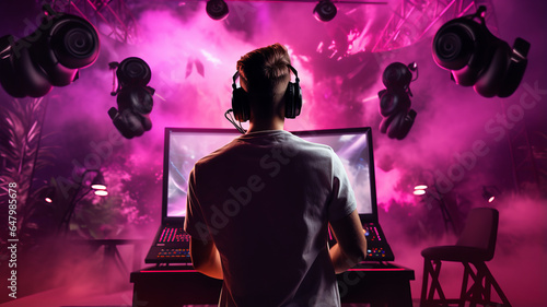 GAMER MAN WITH microphone speaker HEADSET ON, HOUSEHOLD BACKGROUND.