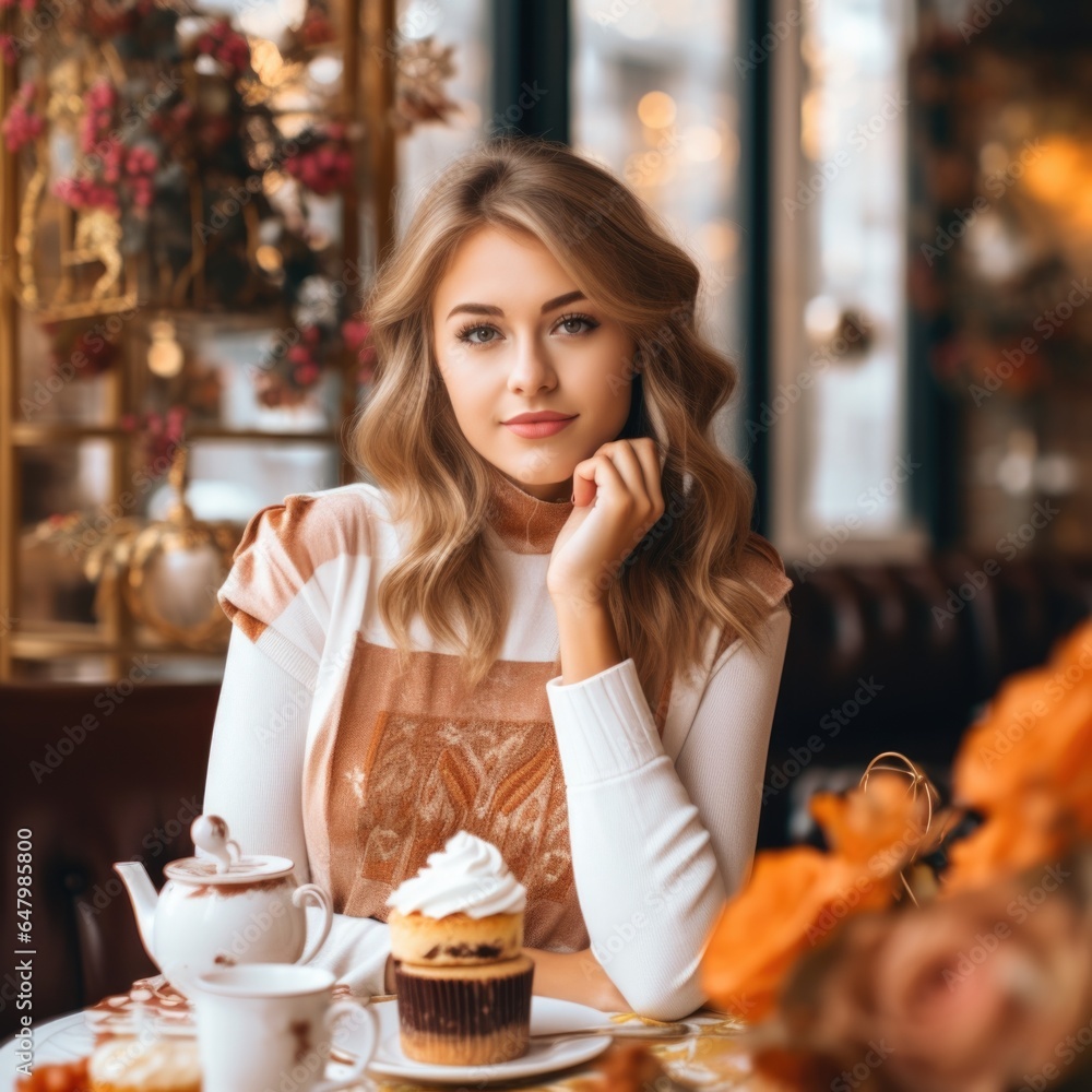 A woman sitting at a table with a cup of coffee A woman sitting at a table with a cup of coffee