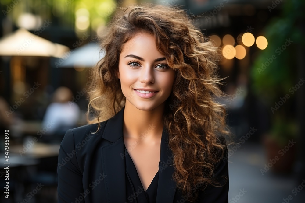 Portrait of happy casual businesswoman with long hair on the street. Business, work and confidence Portrait of happy casual businesswoman with long hair on the street. Business, work and confidence