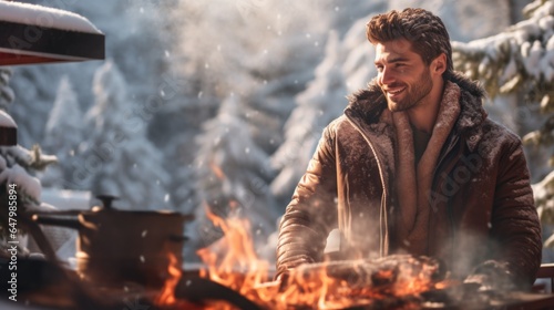A man standing next to a fire in the snow