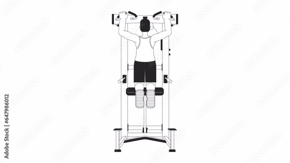Man pulling up on pullup machine bw outline cartoon animation. Stretching upper body 4K video motion graphic. Exercise sportsman 2D monochrome linear animated character isolated on white background Man pulling up on pullup machine bw outline cartoon animation. Stretching upper body 4K video motion graphic. Exercise sportsman 2D monochrome linear animated character isolated on white background