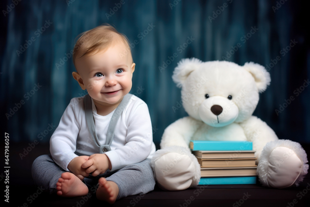 Adorable smiling baby sitting next to a white stuffed plush teddy bear toy and stack of books Adorable smiling baby sitting next to a white stuffed plush teddy bear toy and stack of books