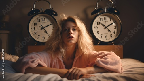 A woman laying in bed next to two clocks