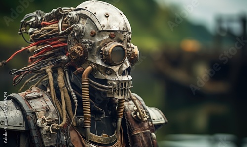 Photo of a man with dreadlocks and a beard wearing a mechanical suit