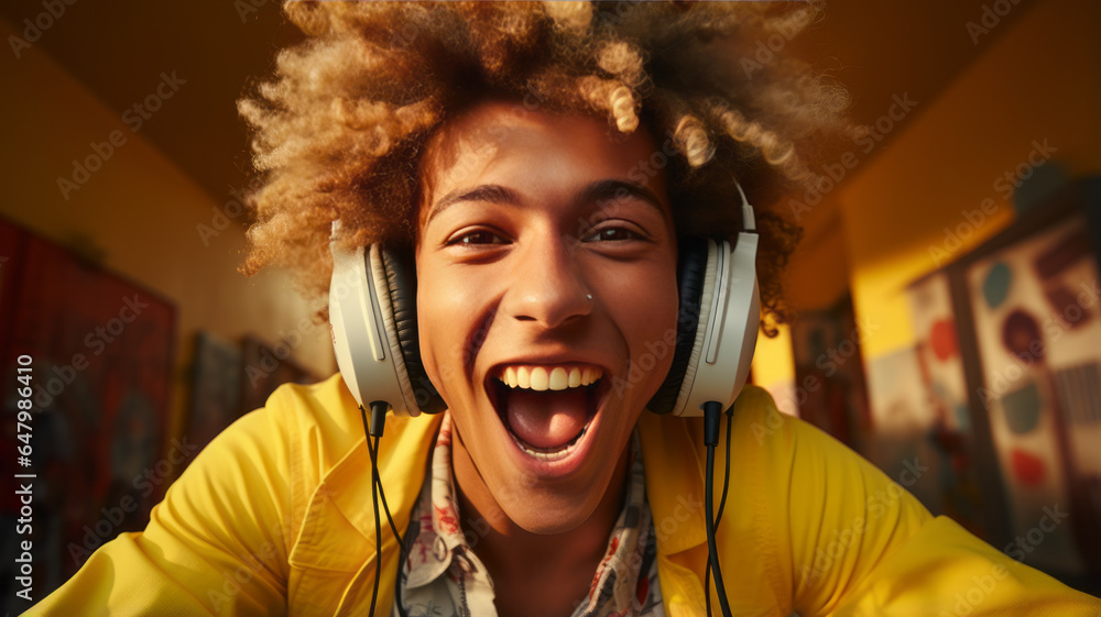 colorful hair young man wearing wireless headphones and colorful shirt, listening to music . colorful hair young man wearing wireless headphones and colorful shirt, listening to music .