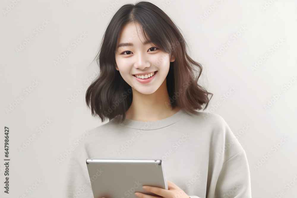 a vibrant young Asian woman is depicted, radiating positivity as she holds a digital tablet in her hands. Her smile is warm and inviting, reflecting her enthusiasm and confidence. Generative AI. a vibrant young Asian woman is depicted, radiating positivity as she holds a digital tablet in her hands. Her smile is warm and inviting, reflecting her enthusiasm and confidence. Generative AI.