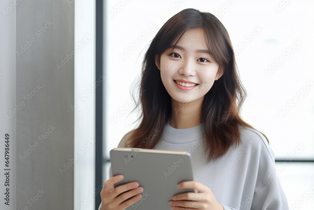 a vibrant young Asian woman is depicted, radiating positivity as she holds a digital tablet in her hands. Her smile is warm and inviting, reflecting her enthusiasm and confidence. Generative AI. a vibrant young Asian woman is depicted, radiating positivity as she holds a digital tablet in her hands. Her smile is warm and inviting, reflecting her enthusiasm and confidence. Generative AI.