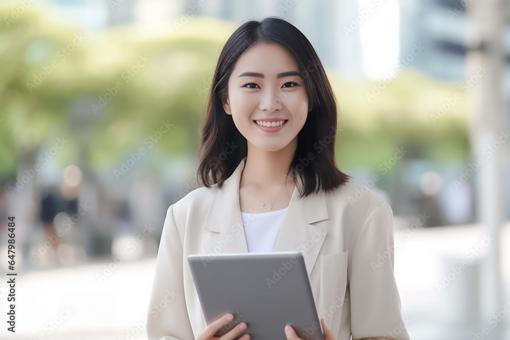a vibrant young Asian woman is depicted, radiating positivity as she holds a digital tablet in her hands. Her smile is warm and inviting, reflecting her enthusiasm and confidence. Generative AI. a vibrant young Asian woman is depicted, radiating positivity as she holds a digital tablet in her hands. Her smile is warm and inviting, reflecting her enthusiasm and confidence. Generative AI.