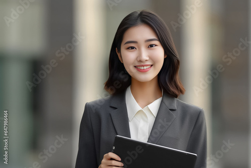 a vibrant young Asian woman is depicted, radiating positivity as she holds a digital tablet in her hands. Her smile is warm and inviting, reflecting her enthusiasm and confidence. Generative AI. © Surachetsh