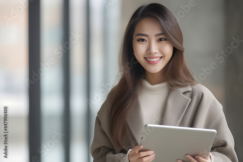a vibrant young Asian woman is depicted, radiating positivity as she holds a digital tablet in her hands. Her smile is warm and inviting, reflecting her enthusiasm and confidence. Generative AI.